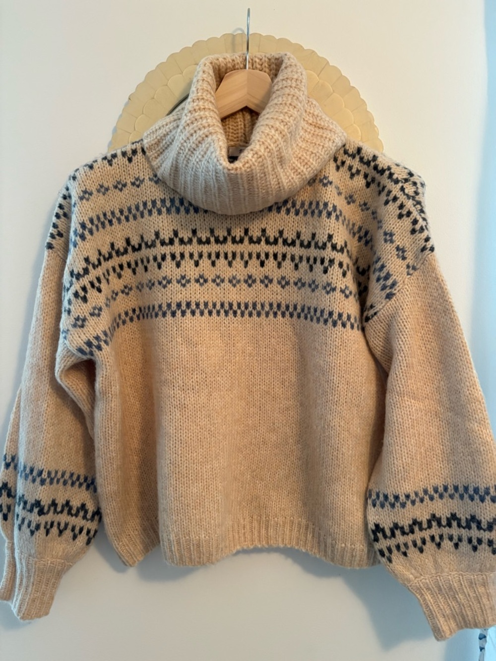 Free People Cream Turtleneck Sweater with Navy Fair Isle Accents